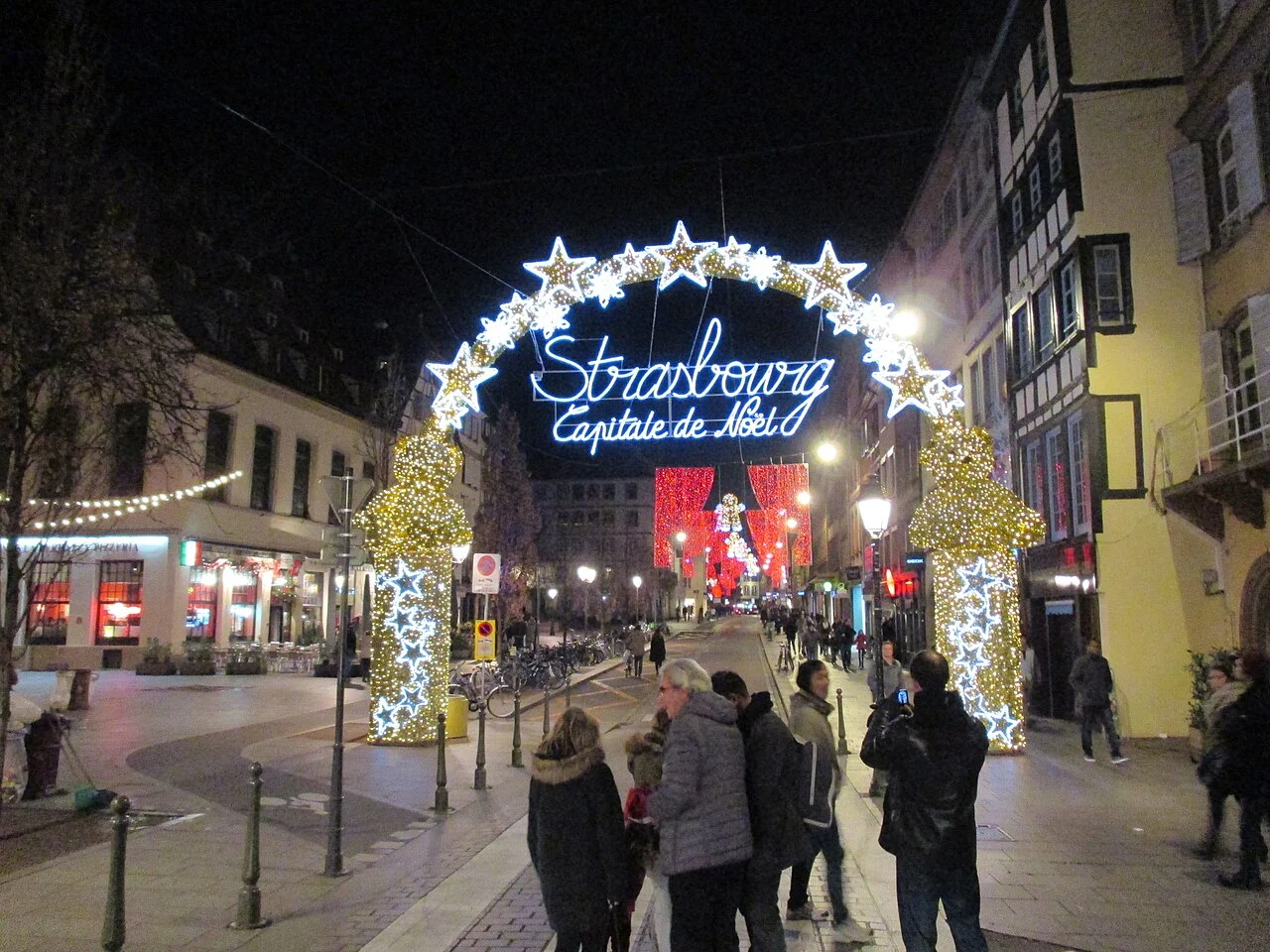 Christmas lights above a Strasbourg street; archival photograph