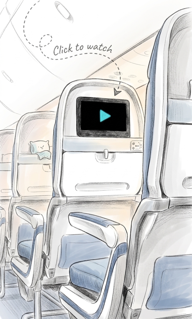 Pencil illustration of airplane seats with a Click to watch note and play symbol